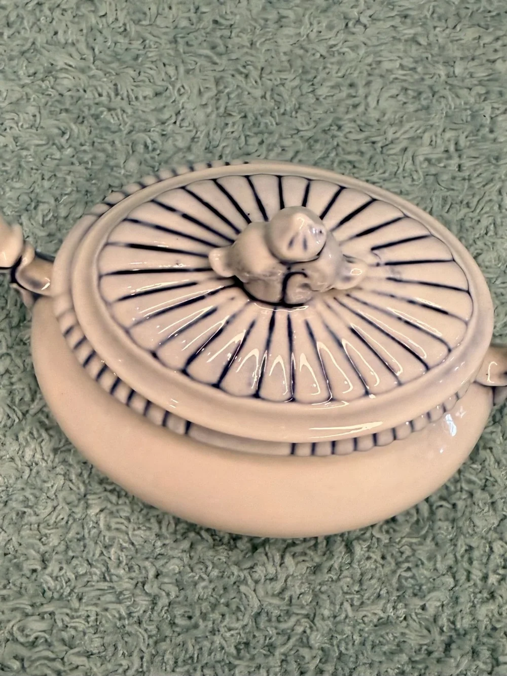 Vintage Blue and White Ceramic Soup Tureen Lid Footed Serving Bowl Ornate 3”